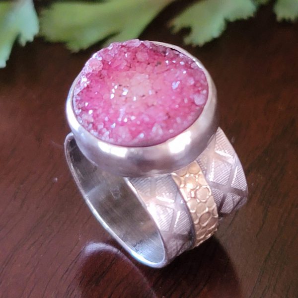 pink druzy wide band ring